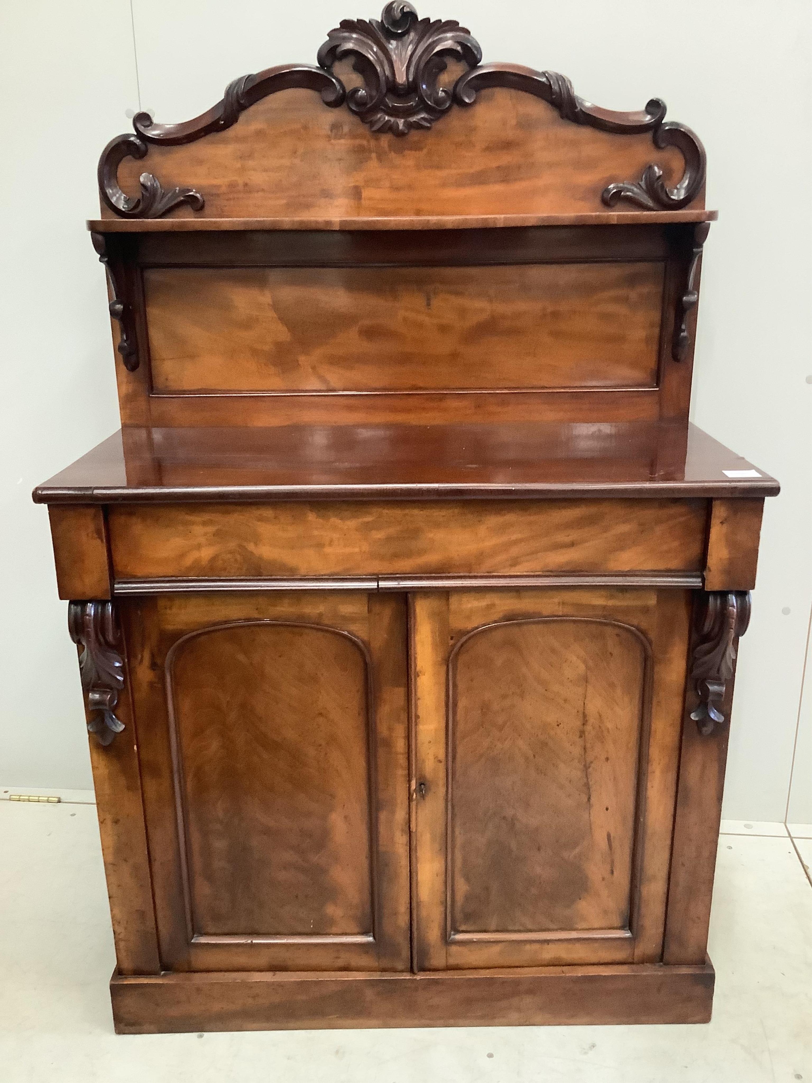 A Victorian mahogany chiffonier, width 91cm, depth 42cm, height 145cm. Condition - fair, plinth foot damaged